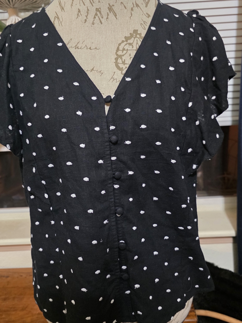 LOFT NWT Black Linen Blouse with White Emroidered Polka Dot Print
